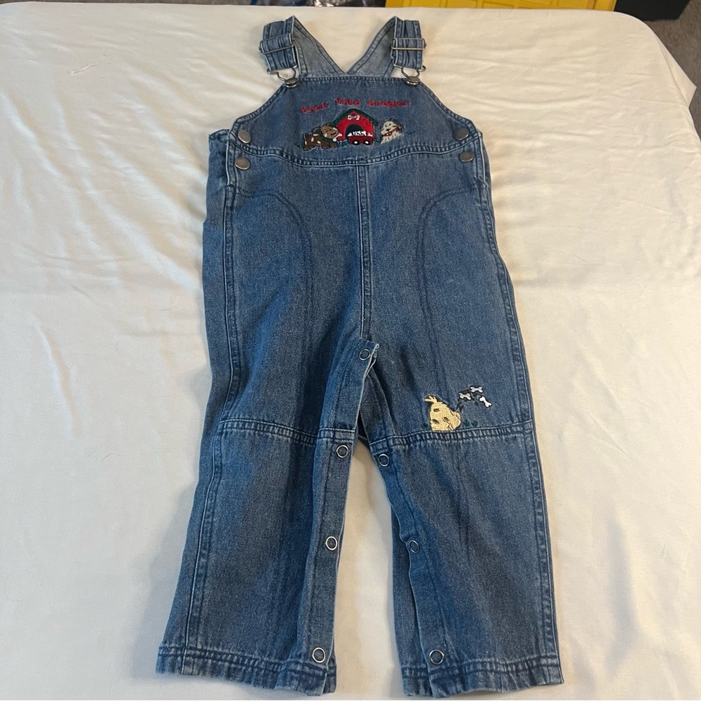 Vintage Buster Brown Blue Denim Kids Overalls with back yard buddies embroidered